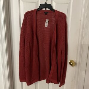Ann Taylor Open-Front Knit Cardigan in Brick Red